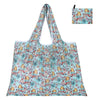A light blue patterned reusable shopping tote bag with a matching fabric carry pouch.