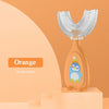 Orange penguin shaped U-shaped silicone toothbrush for kids displayed on a stand.