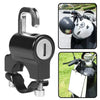 A black anti-theft helmet lock with a handle and mounting mechanism shown in close-up shots.