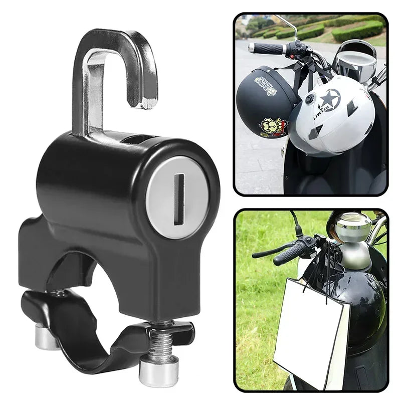 A black anti-theft helmet lock with a handle and mounting mechanism shown in close-up shots.