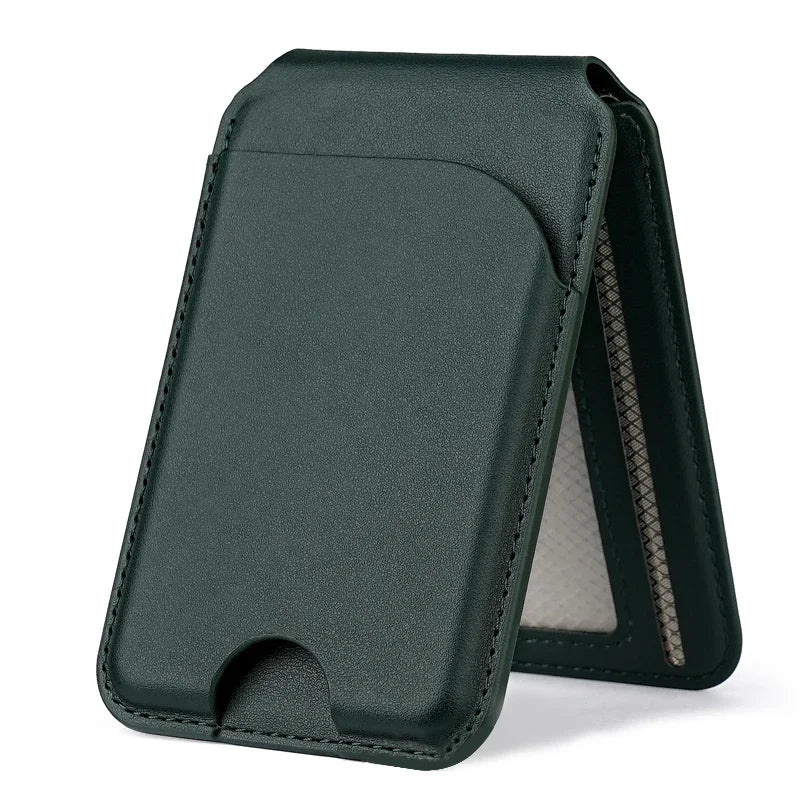 Portefeuille en cuir vert foncé MagSafe avec support réglable, vue de côté.