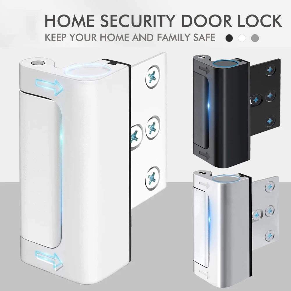 A white heavy duty aluminum door lock is shown in multiple views, highlighting its security features.