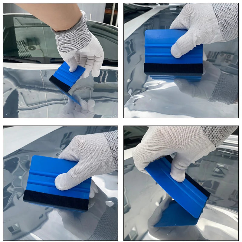 A hand wearing a white glove is applying a blue and black window tint kit to a car window.