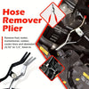 A red hose remover plier tool is shown with a close-up view of its function on an automotive fuel line connection.