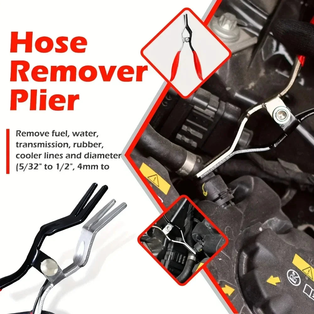 A red hose remover plier tool is shown with a close-up view of its function on an automotive fuel line connection.