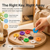A wooden tray holds colorful silicone key covers for easy identification and organization.