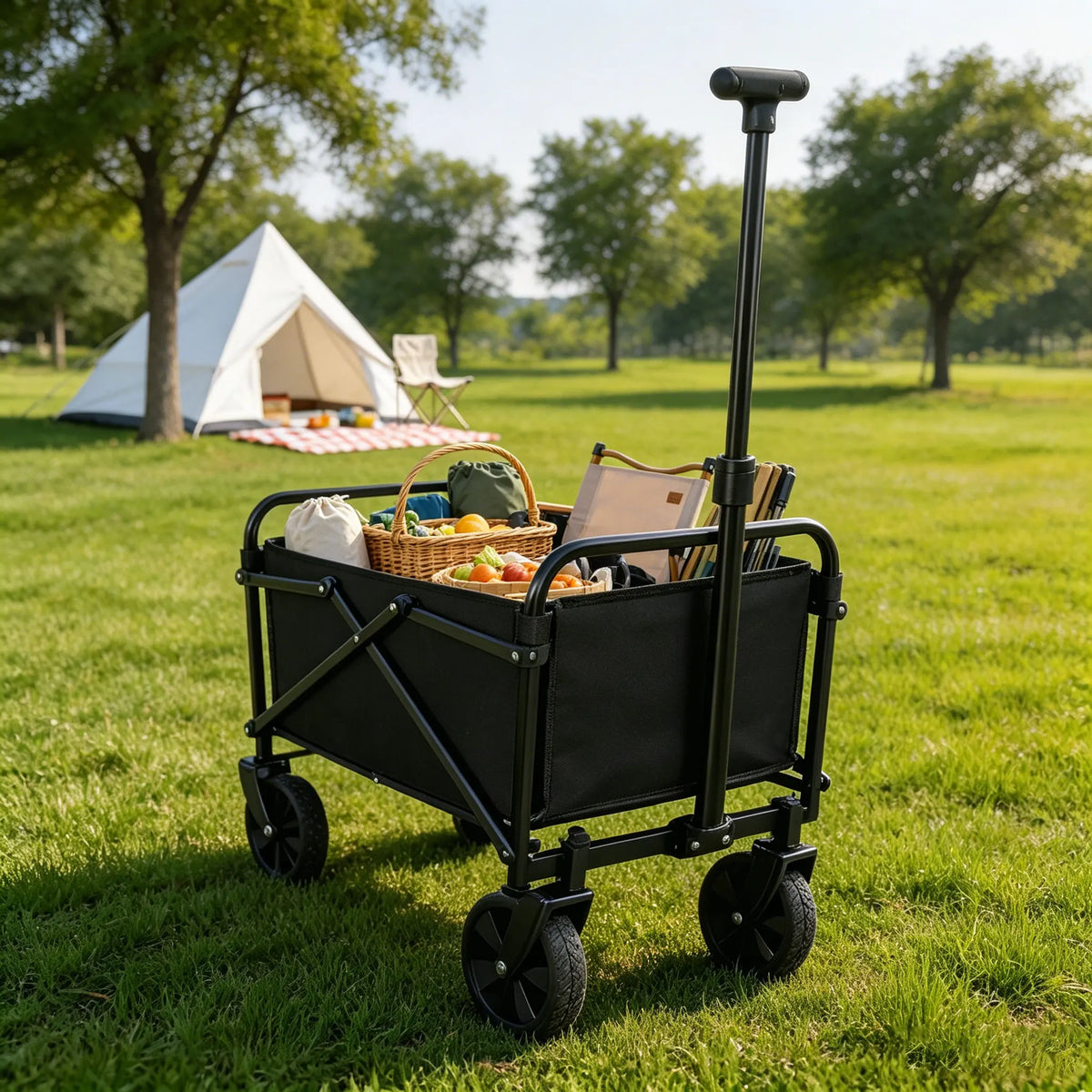 Une remorque de camping noire pliable avec des roues tout-terrain est posée sur de l'herbe verte près d'une tente.