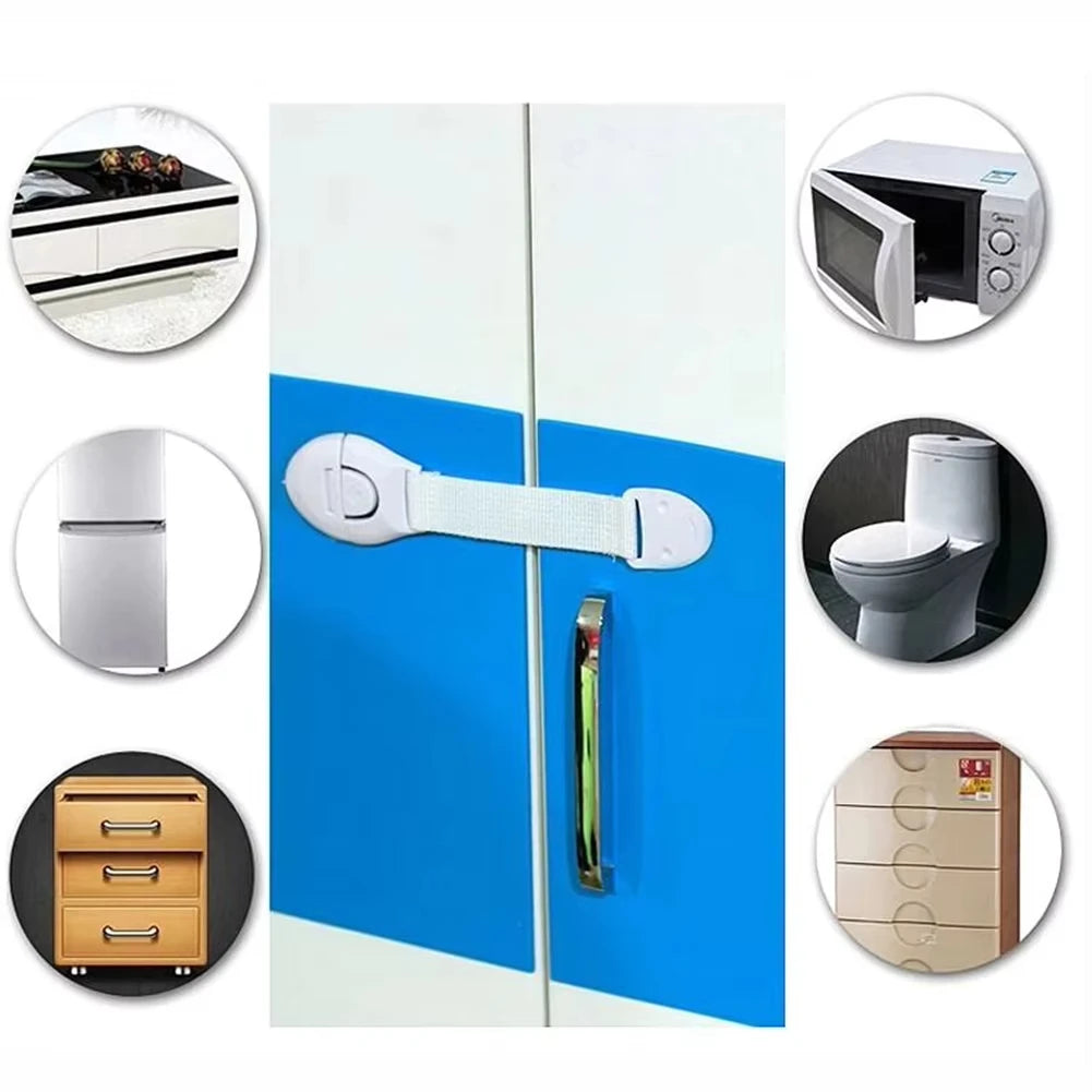 A collection of child safety cabinet locks for drawers and doors, including a cabinet lock, toilet lock, and drawer locks.