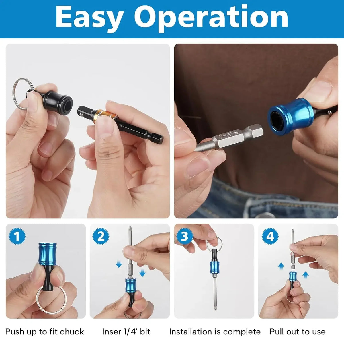 Hands demonstrate the easy operation of a magnetic 1/4 inch hex bit holder keychain with quick-release chuck for tool use.