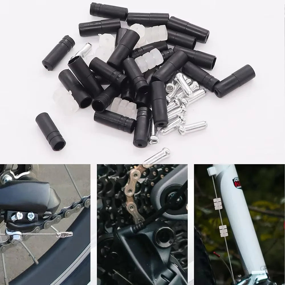 A collection of black bicycle brake and shift cable replacement parts and a wire cutter.