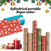 A cylindrical portable paper cutter shown with various rolls of wrapping paper and decorative elements.