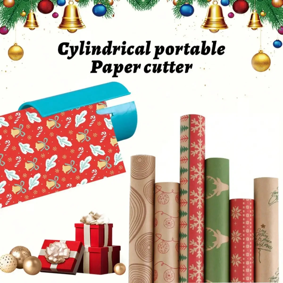 A cylindrical portable paper cutter shown with various rolls of wrapping paper and decorative elements.