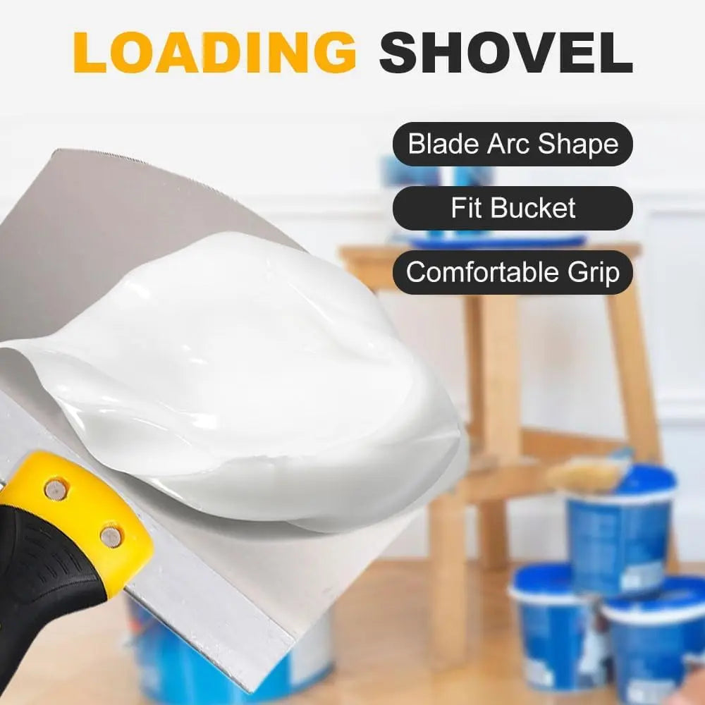A loading shovel with a blade arc shape and fit bucket shown in a kitchen setting.