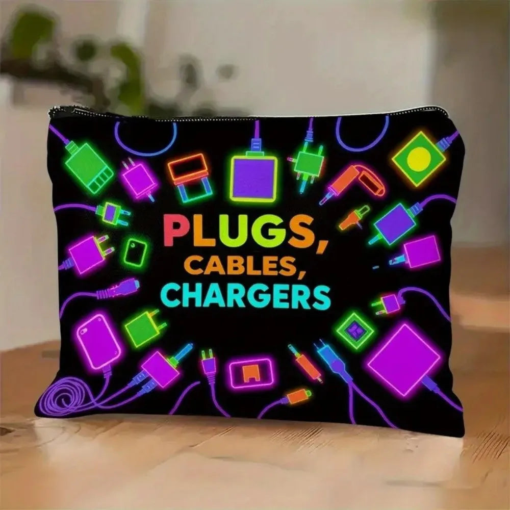A black zippered pouch filled with various electronic plugs, cables, and chargers in bright neon colors.