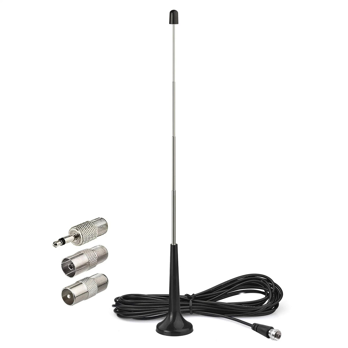 Indoor high-gain digital radio antenna with a long pole and magnetic base attached to a black cable.