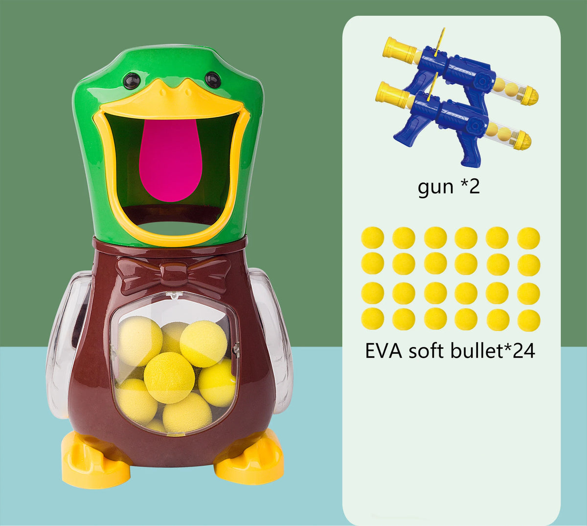 A plastic duck shooting target game featuring a green and yellow duck head and a brown body, with an air-powered gun and 24 s