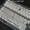 A close-up view of translucent keycaps for a mechanical keyboard, showing various letter and function keys.