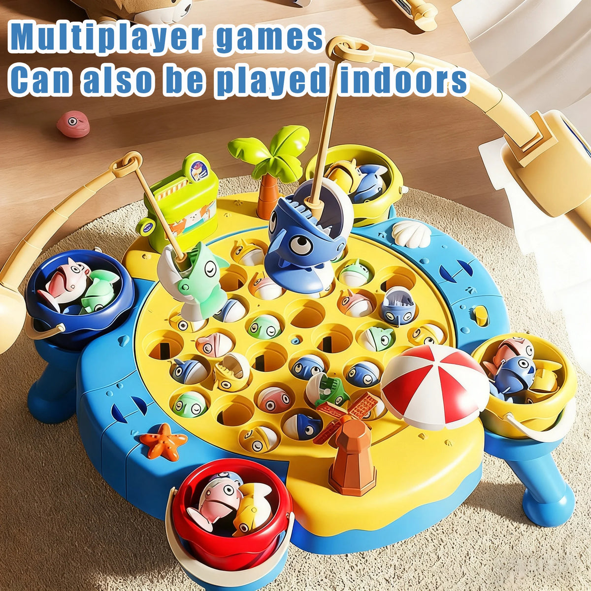 A colorful magnetic fishing game with various plastic fish and accessories is shown on a wooden surface.
