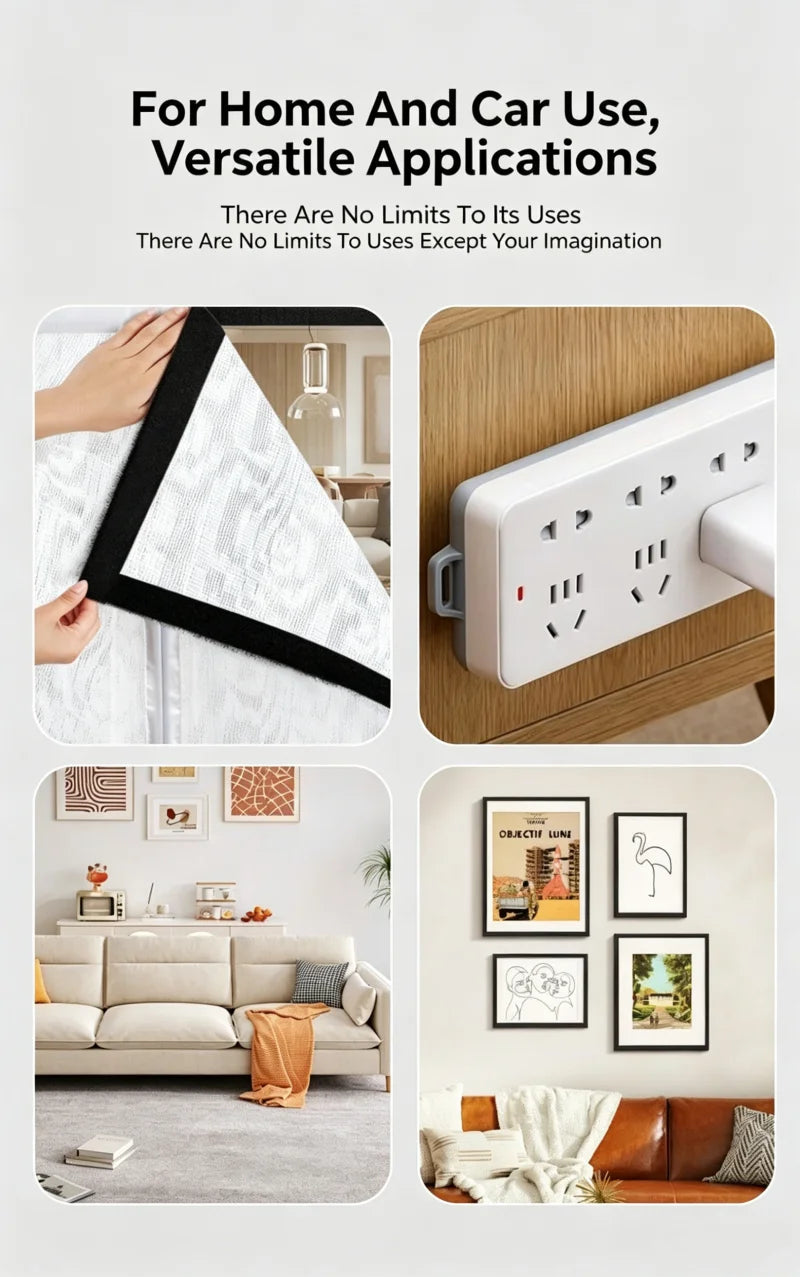 Various applications of heavy-duty self-adhesive hook and loop tape including fabric use and mounting hardware.