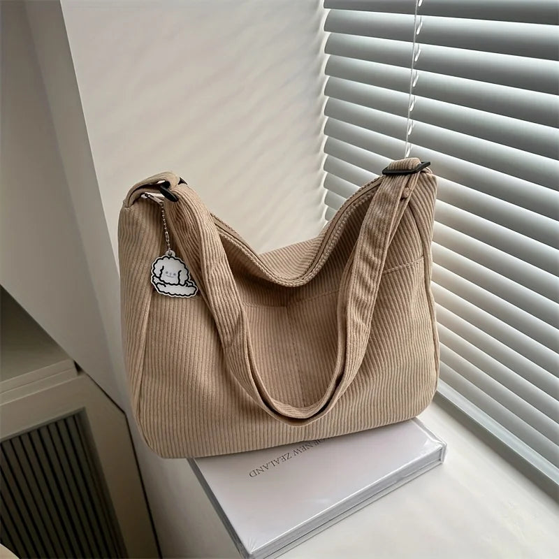 Women's Corduroy Shoulder Bag with Zipper Closure