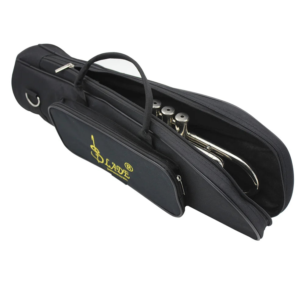 Black waterproof oxford cloth trumpet bag with padded protection and a gold logo