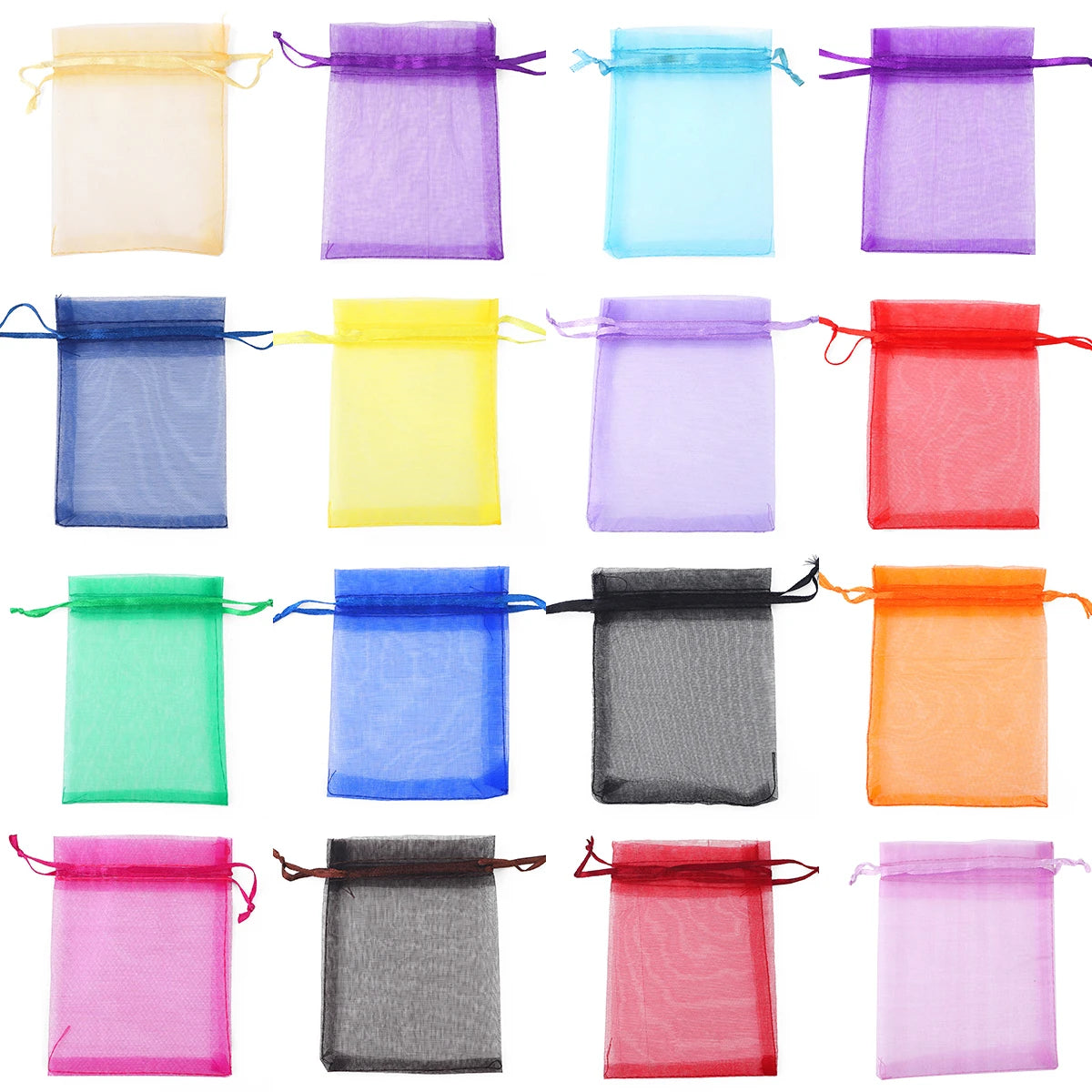 A collection of assorted organza drawstring gift bags in various colors including yellow, purple, blue, pink, and orange.