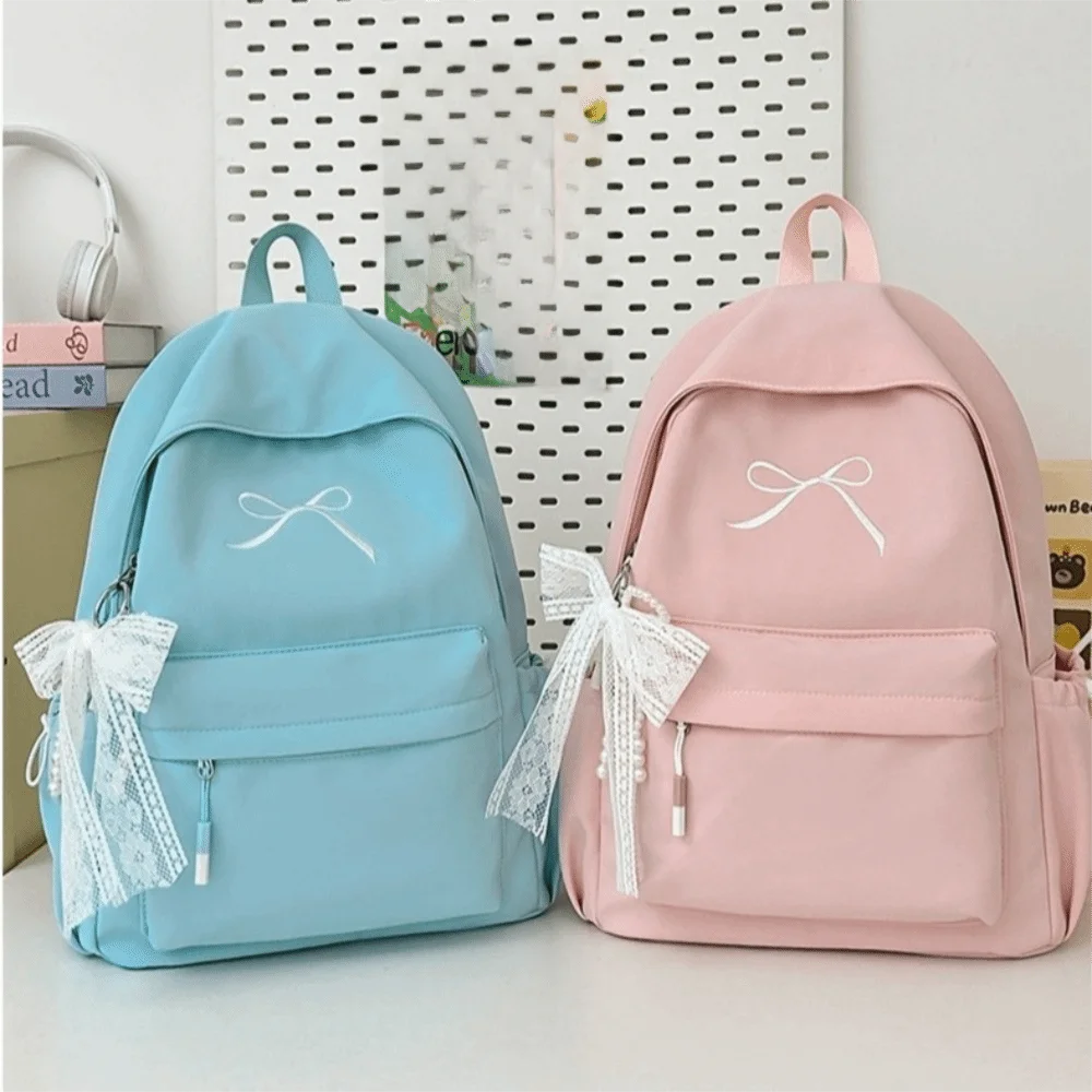 Embroidered Bow Nylon Backpack for Girls – Lightweight & Spacious