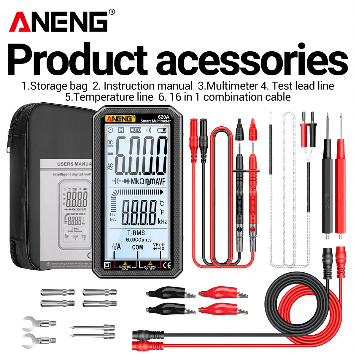 Aneng digital multimeter product accessories including a storage bag, instruction manual, test lead line, and cables.