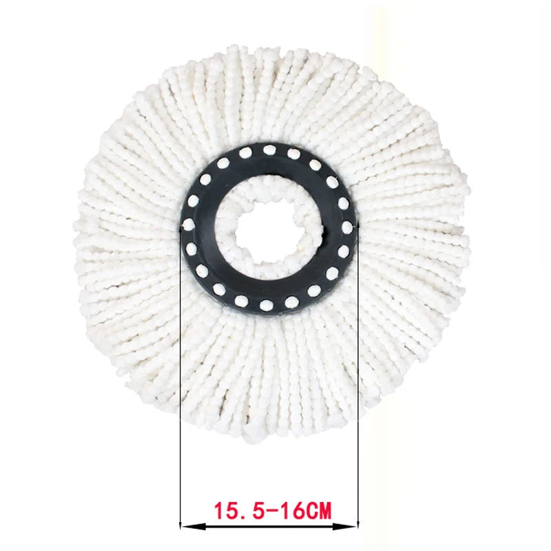 White microfiber mop head refill with a black spinning disc and a 16cm diameter.