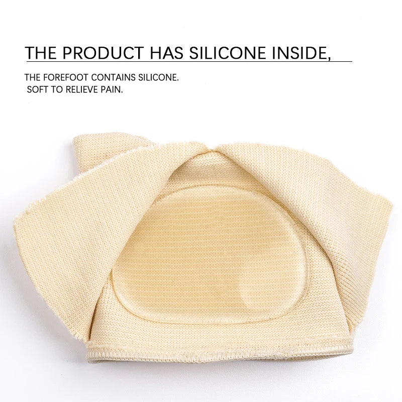 A beige silicone forefoot cushion pad is shown, designed to relieve foot pain.
