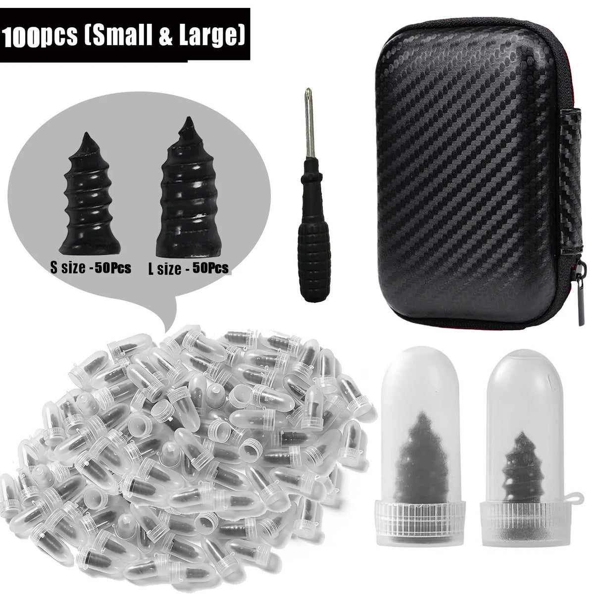 Collection de 100 aiguilles et inserts pour réparer les pneus de petite et grande taille.