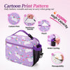 Purple cartoon print insulated lunch bag with reinforced handle and pouch for daily use