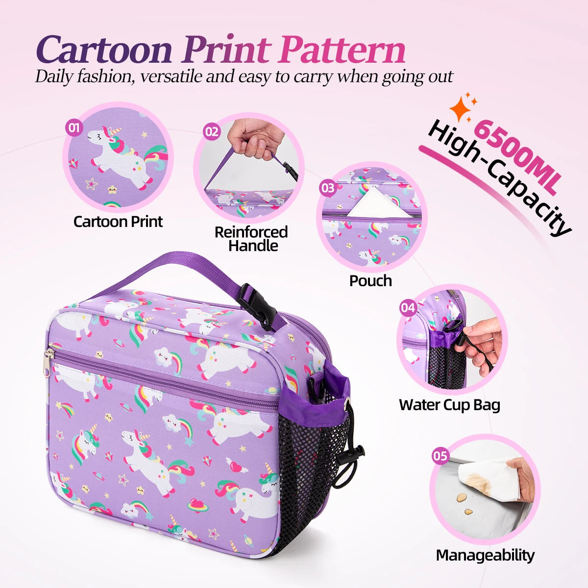 Purple cartoon print insulated lunch bag with reinforced handle and pouch for daily use