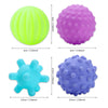 A set of four soft textured sensory balls in neon yellow, purple, cyan, and blue for babies.