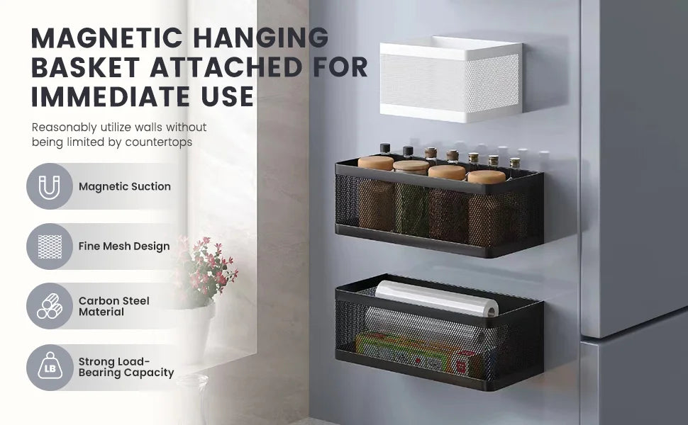 A magnetic hanging basket attached to a refrigerator door, designed for immediate use.