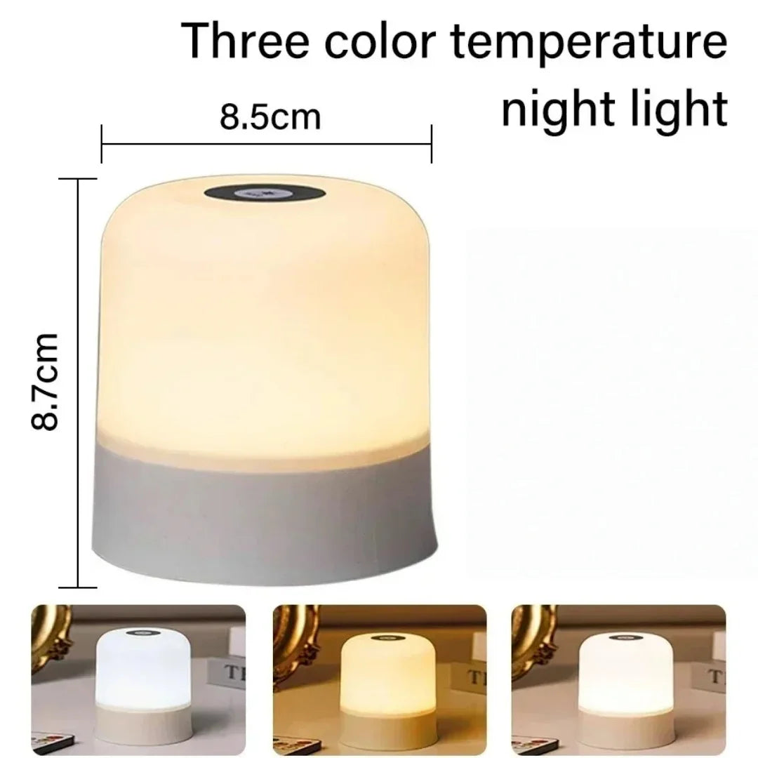 A white touch-activated LED night light is shown in various angles and contexts.