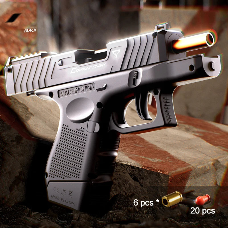 A silver compact pistol with a wooden stock and barrel visible on a rock surface.