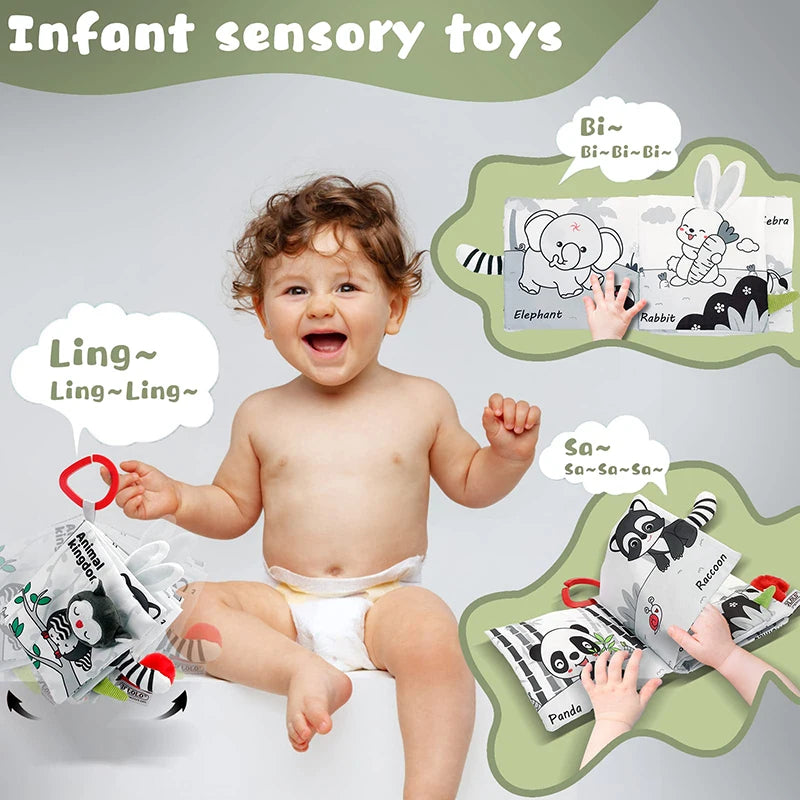 High-Contrast Soft Cloth Book with 3D Touch & Sensory Sounds for Babies 0-12 Months