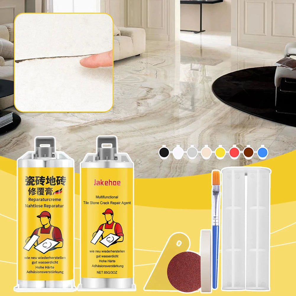 A set of tile and stone crack repair kits featuring various color pigments and applicators for repairing damage.