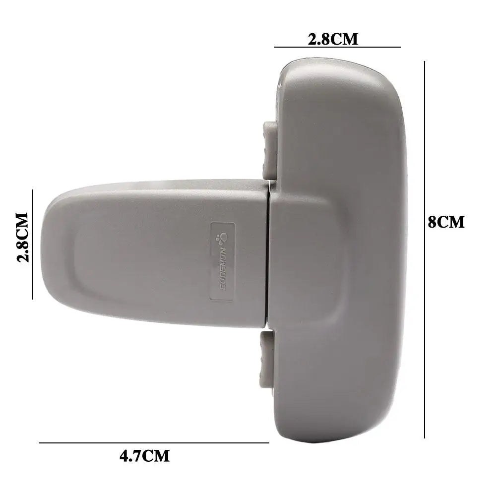 A gray self-locking refrigerator safety latch designed for toddlers, shown in a side profile.