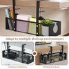Black clamp-on cable management tray for organizing wires on a desk or under a desk.