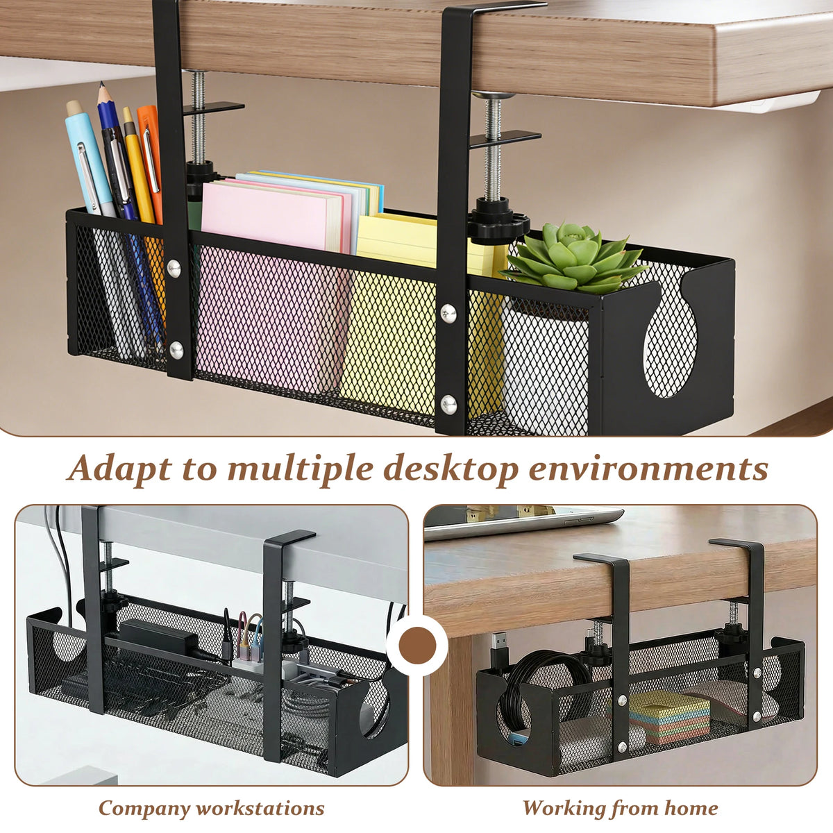 Black clamp-on cable management tray for organizing wires on a desk or under a desk.