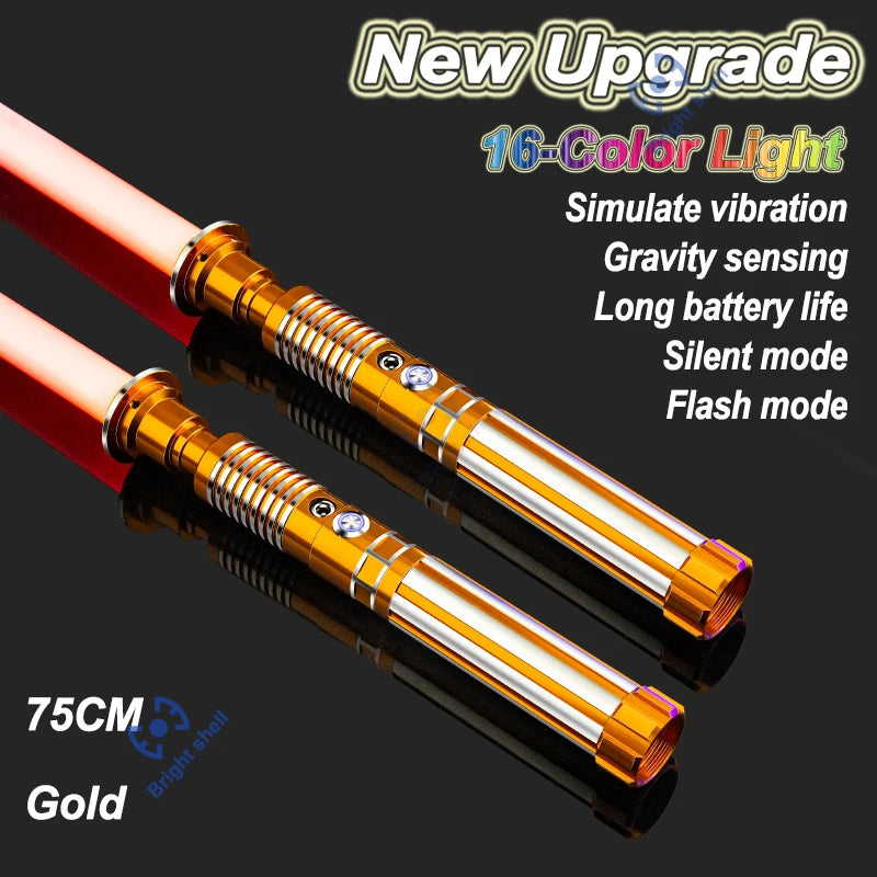 A gold metal lightsaber with a red blade is shown, highlighting features like vibration sensing and various light modes.