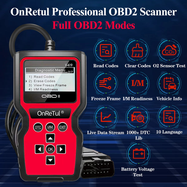 A red OnRetul OBD2 scanner device with various diagnostic modes and features displayed on the screen.