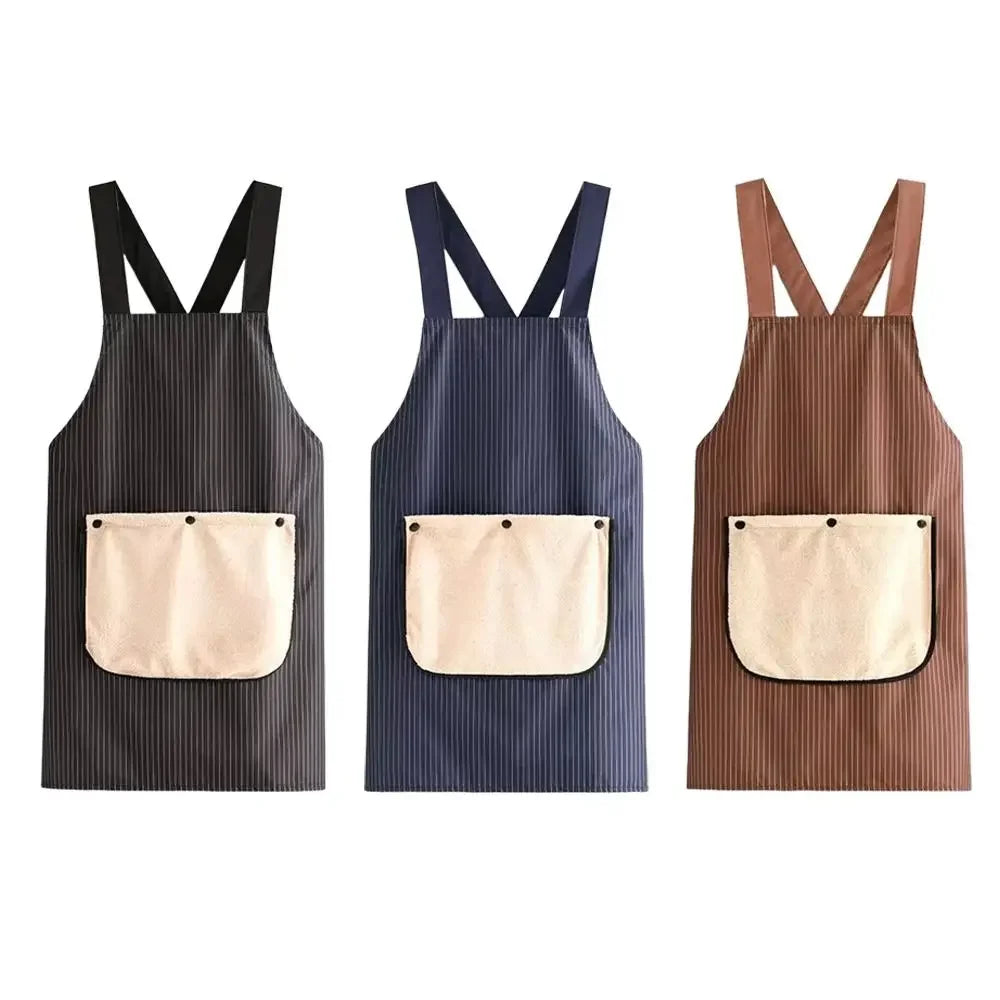 Three waterproof cross-back kitchen aprons in black, navy blue, and brown with removable beige towels.