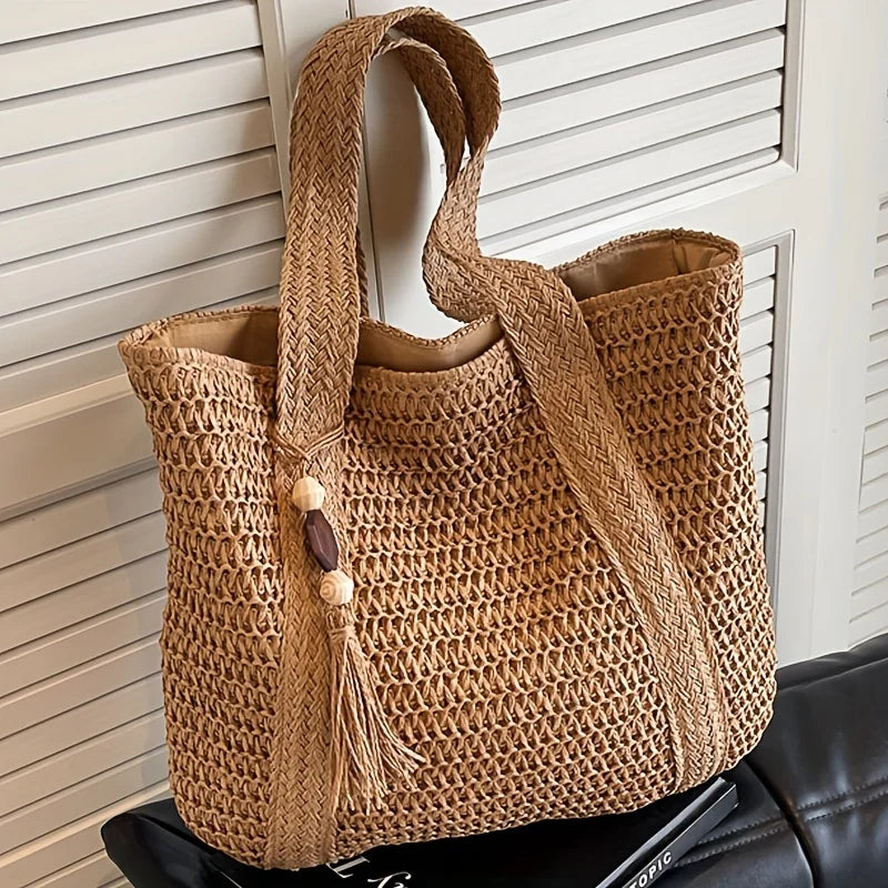 Natural Straw Woven Tote Bag with Tassel