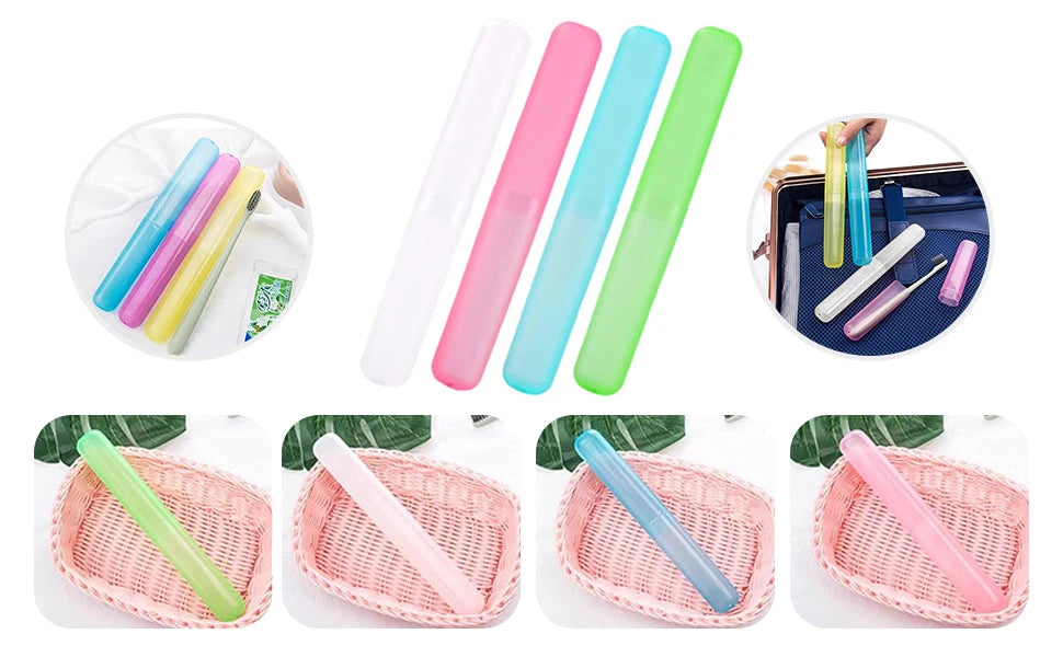 A set of colorful travel toothbrushes in a clear case and pink woven holders.