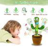 A child is interacting with a dancing cactus plush toy that plays 120 English songs and repeats the user's voice.