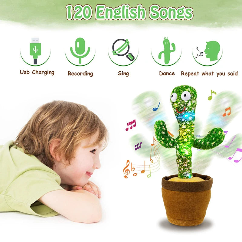 A child is interacting with a dancing cactus plush toy that plays 120 English songs and repeats the user's voice.