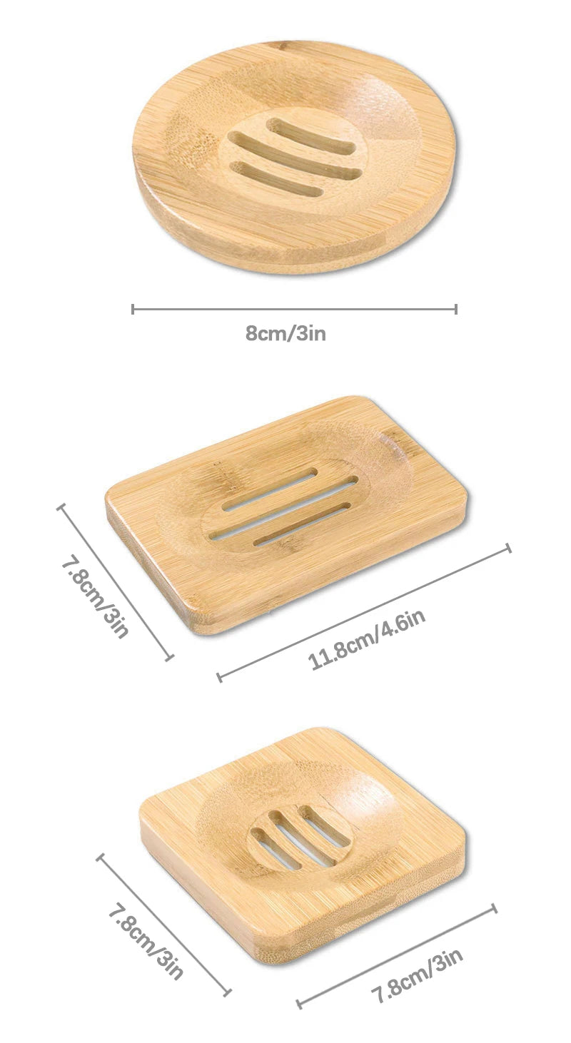 A natural bamboo soap dish with fast-dry drainage holes shown in three views.